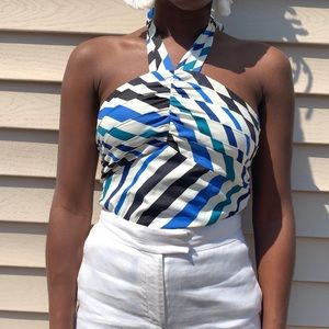 Multiple shades of blue with white halter top